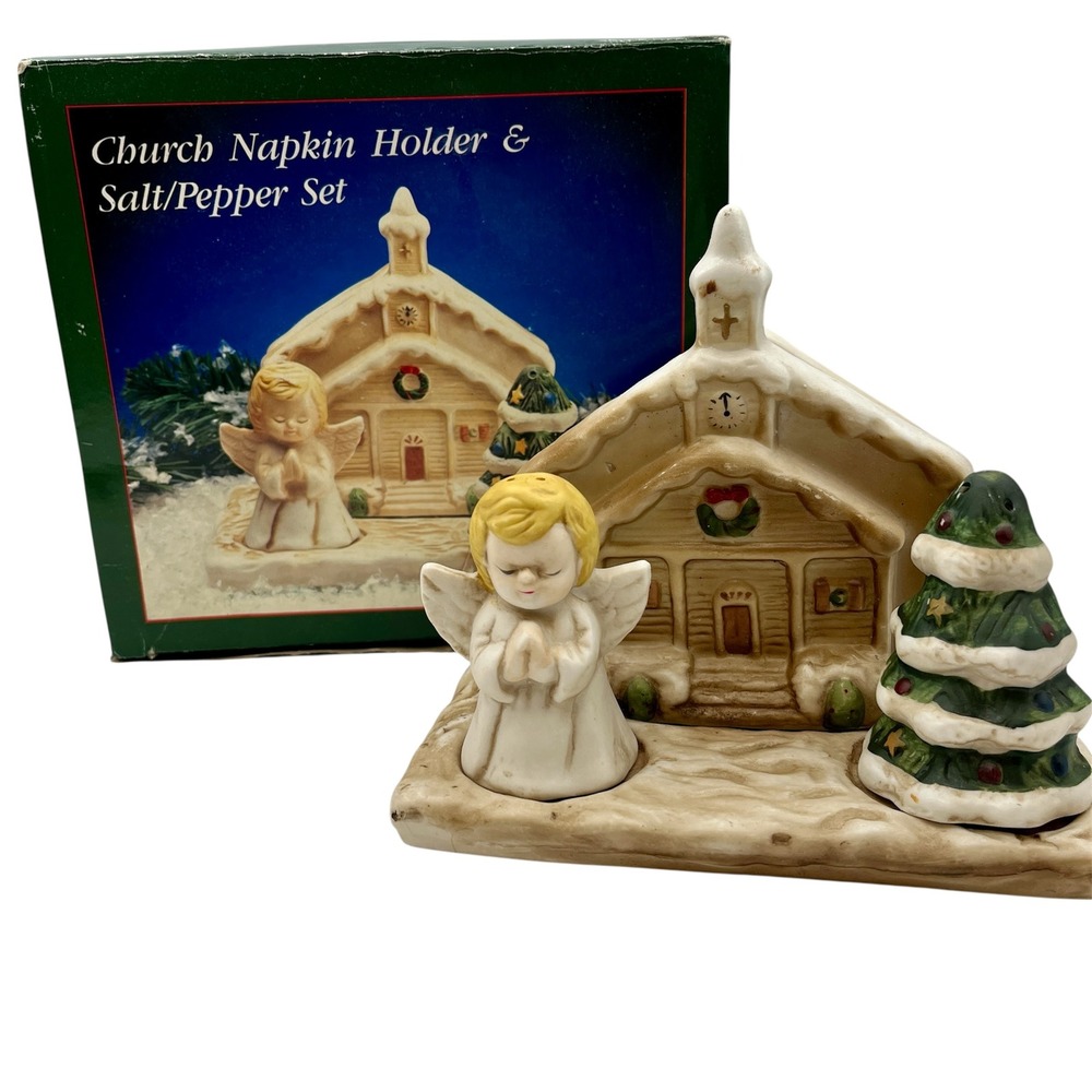 Church Napkin Holder & Praying Angel Christmas Tree Salt Pepper Shaker Set READ